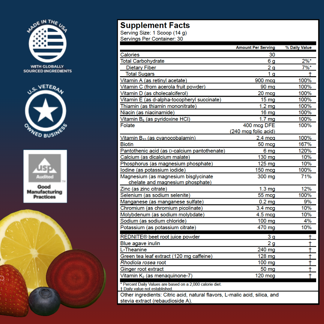 RESTLESS® energy supplement nutrition facts label with clean ingredients and veteran-owned certifications – Made in USA
