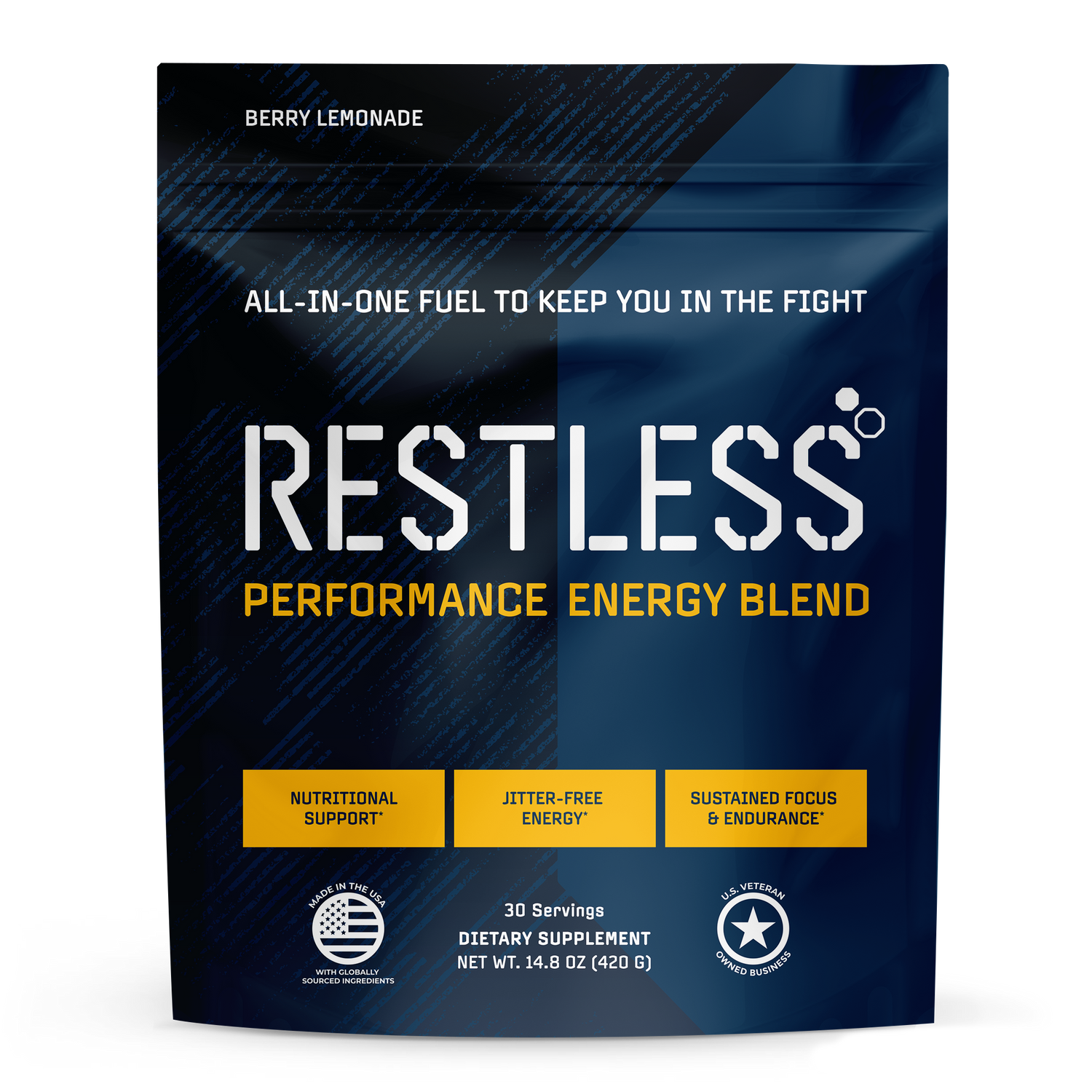 RESTLESS® Performance Energy Blend – Tactical all-in-one energy supplement powder bag
