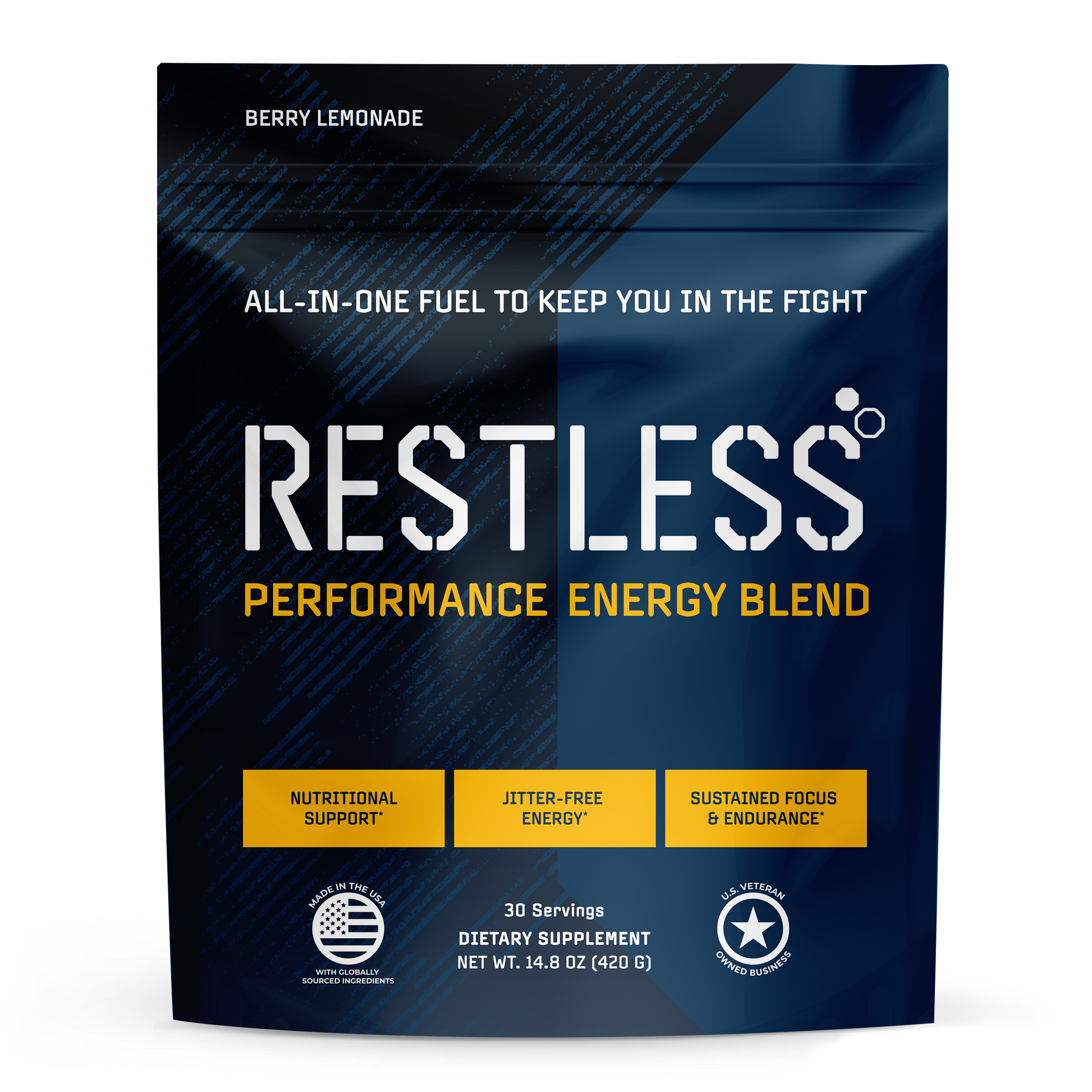 RESTLESS® Performance Energy Blend – Tactical all-in-one energy supplement powder bag
